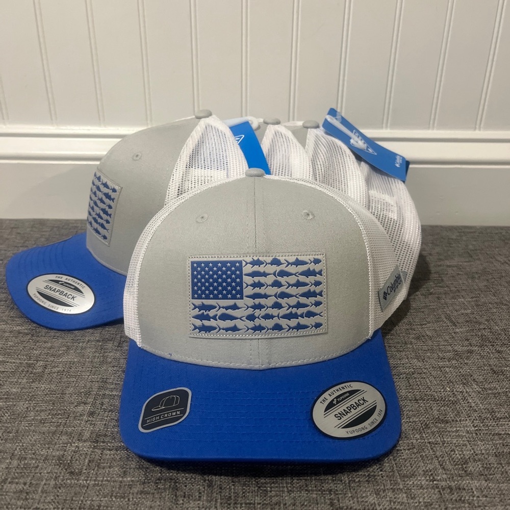 Columbia Men's PFG Fishing Mesh Snapback Fish Flag Hat Cool Grey/Wht/Vivid Blue